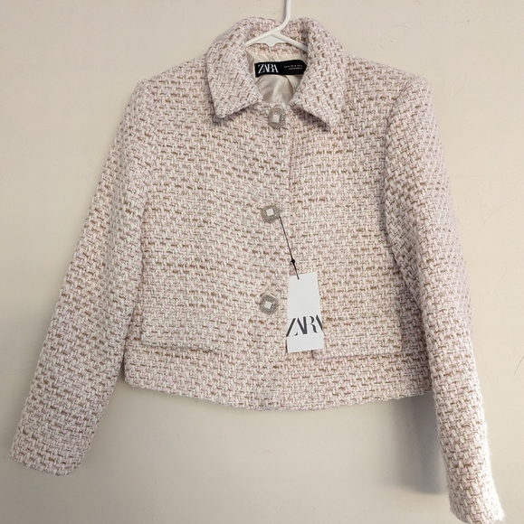 ZARA STRUCTURED TEXTURED TWEED SHORT JACKET LIMITED EDITION S,M PINK WHITE - Picture 11 of 14
